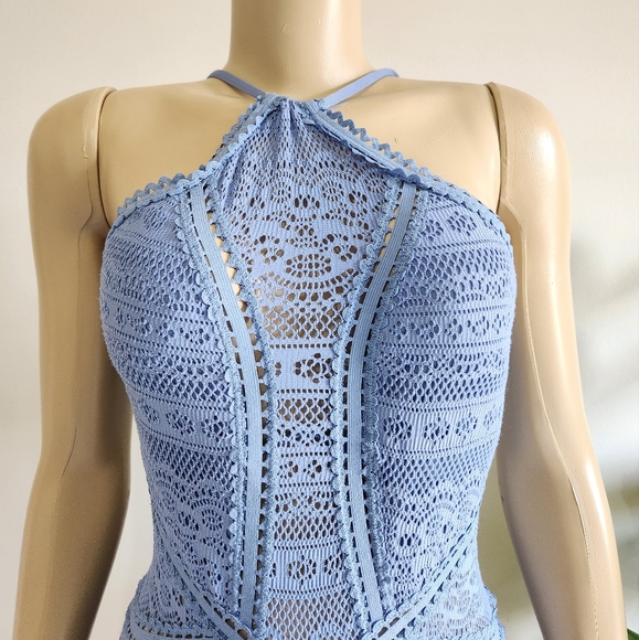 Becca High-Neck Illusion Crochet One-Piece Swimsuit Baby Blue Color Size M - Picture 9 of 11
